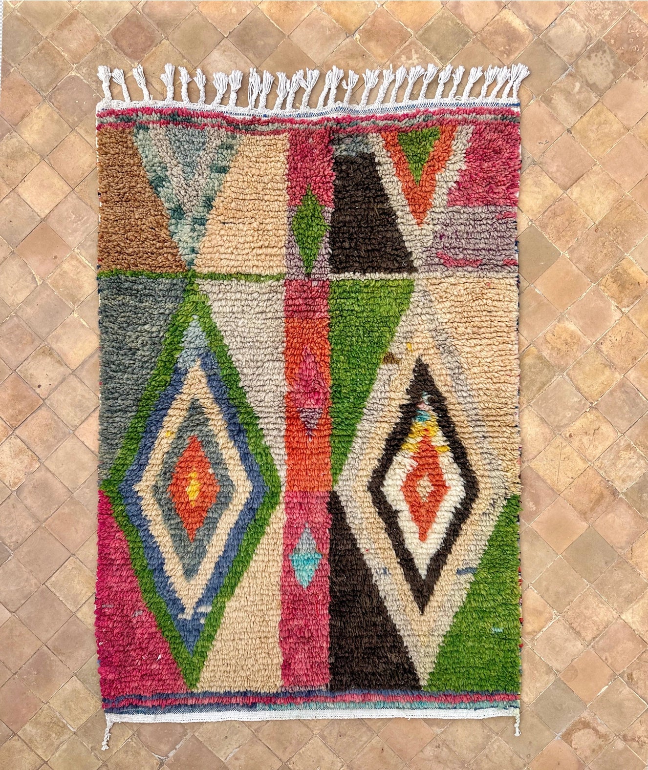 Kleiner Boujad-Teppich | rosa-grün-ecru-schwarz