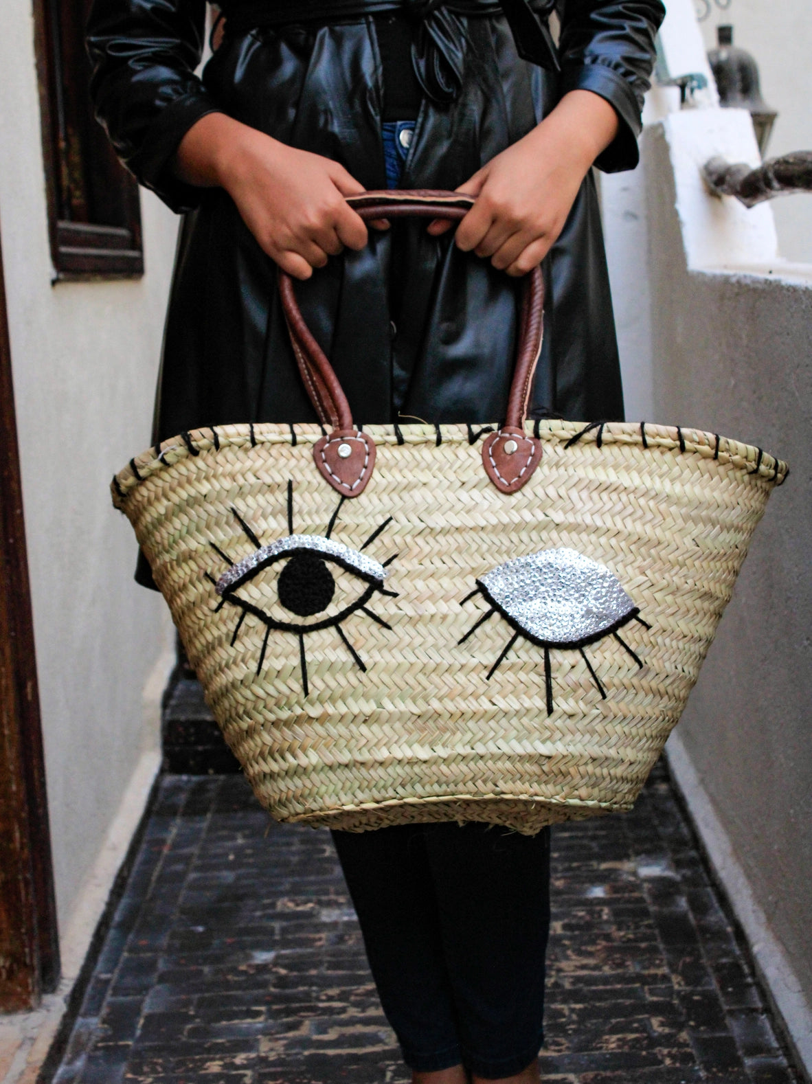 Eyes Strohtasche mit Pailletten, Korb für den französischen Markt, Tragetasche