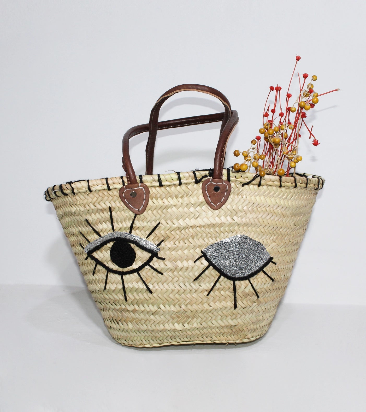 Eyes Strohtasche mit Pailletten, Korb für den französischen Markt, Tragetasche