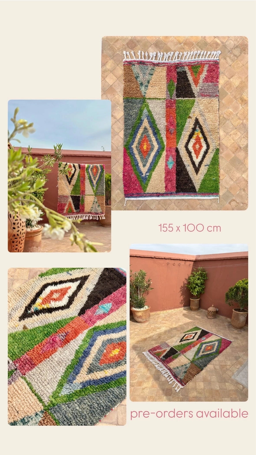 Kleiner Boujad-Teppich | rosa-grün-ecru-schwarz