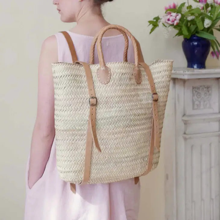 Straw Backpack - Stroh-Strandtasche mit Lederriemen