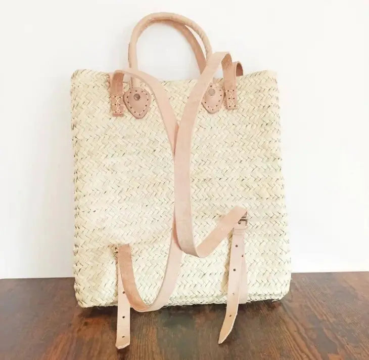 Straw Backpack - Stroh-Strandtasche mit Lederriemen