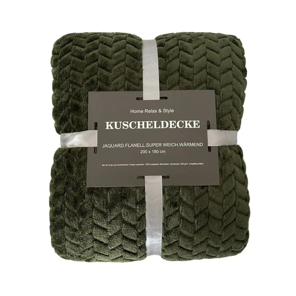 Jacquard Kuscheldecke olivgrün » XL Flanell Wohndecke 200x180cm » Wohndecke » wärmende Tagesdecke 350 g/m²