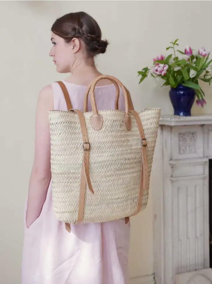 Straw Backpack - Stroh-Strandtasche mit Lederriemen