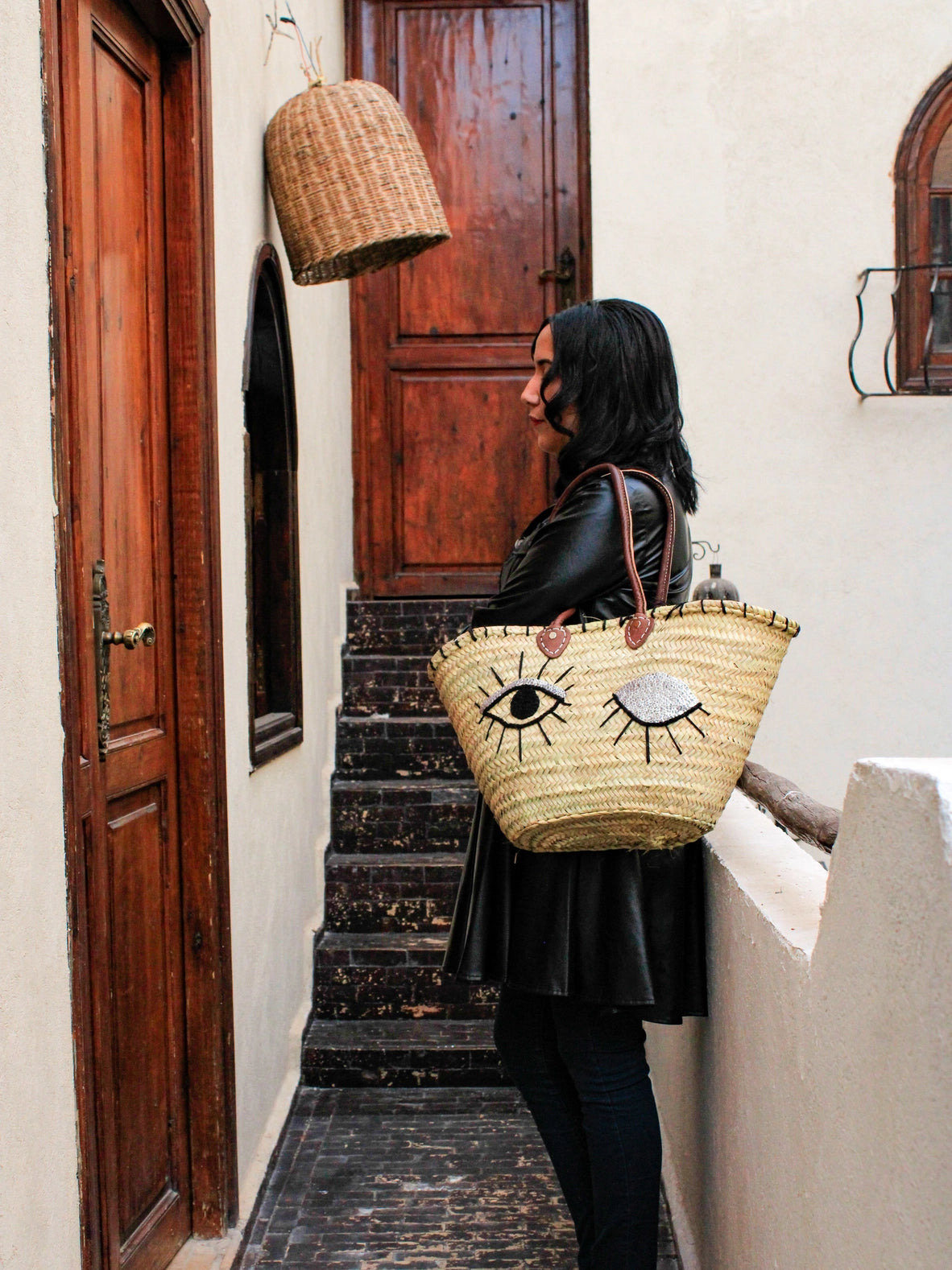 Eyes Strohtasche mit Pailletten, Korb für den französischen Markt, Tragetasche