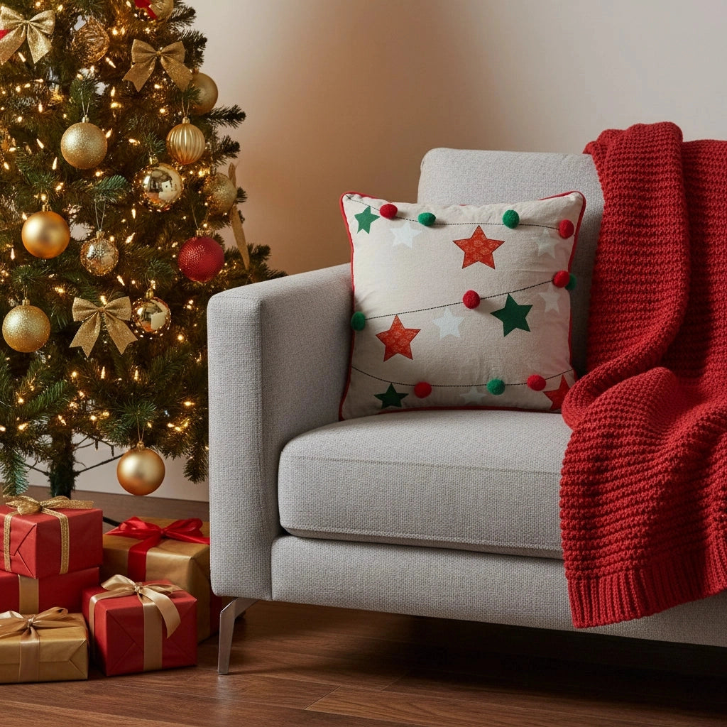 Weihnachtskissen mit Sternen und Pompons in fröhlichen Farben – Urbane Hide