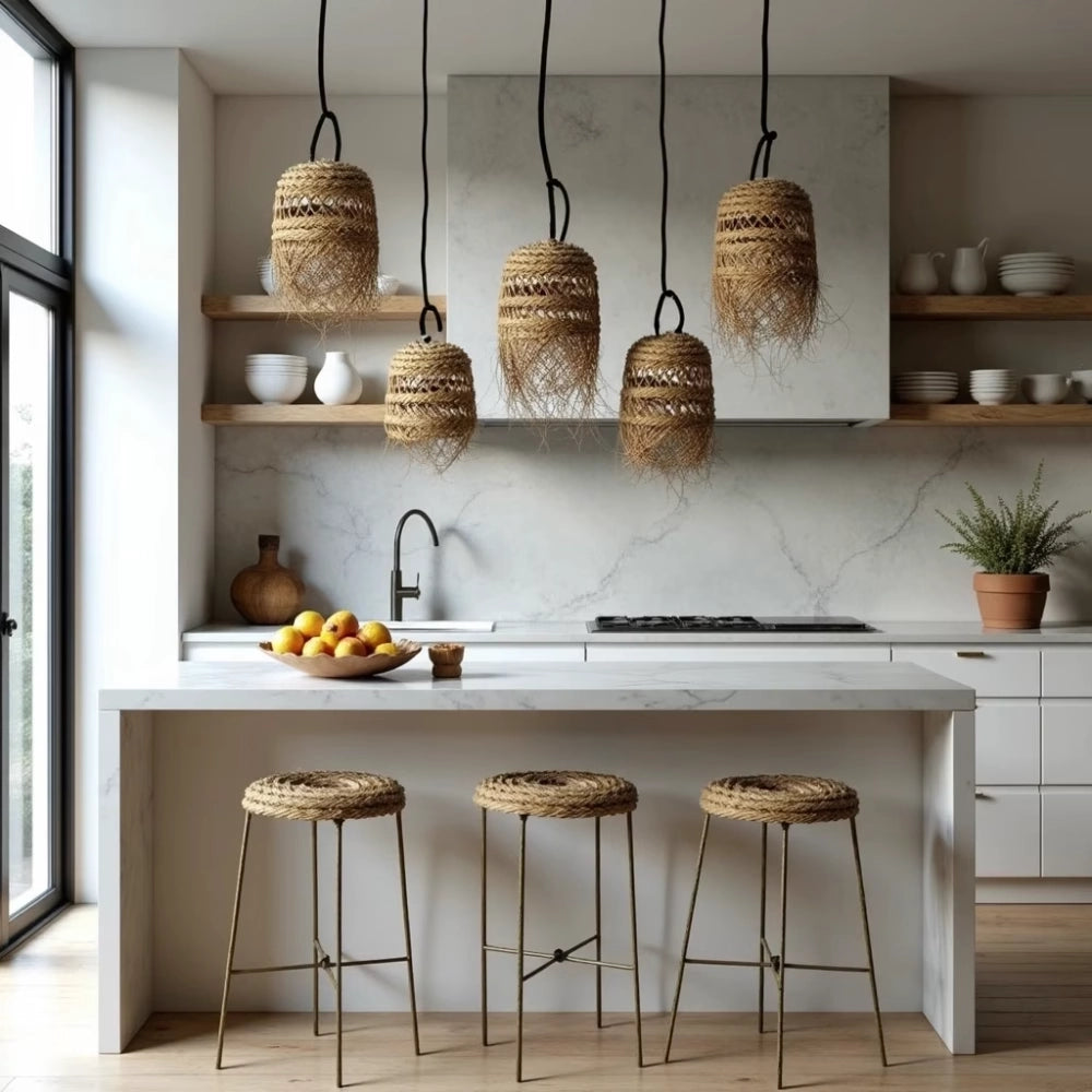 Handgefertigte marokkanische Strohhängelampe – Handgefertigtes Pendel L