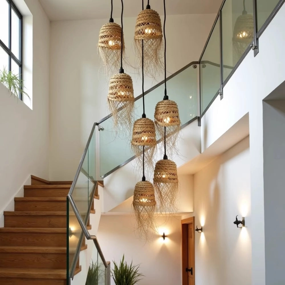 Handgefertigte marokkanische Strohhängelampe – Handgefertigtes Pendel L