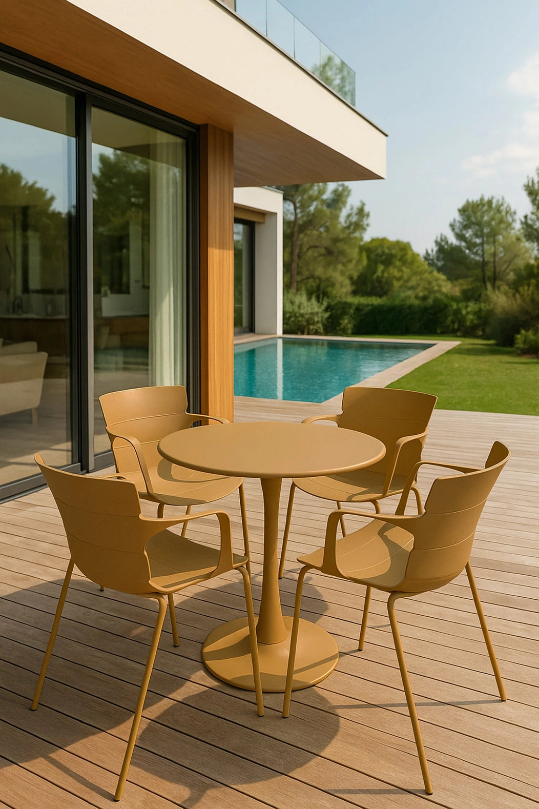 Montauk - Set aus Tisch und 4 Outdoor-Esstühlen aus Polypropylen und Metall, ocker