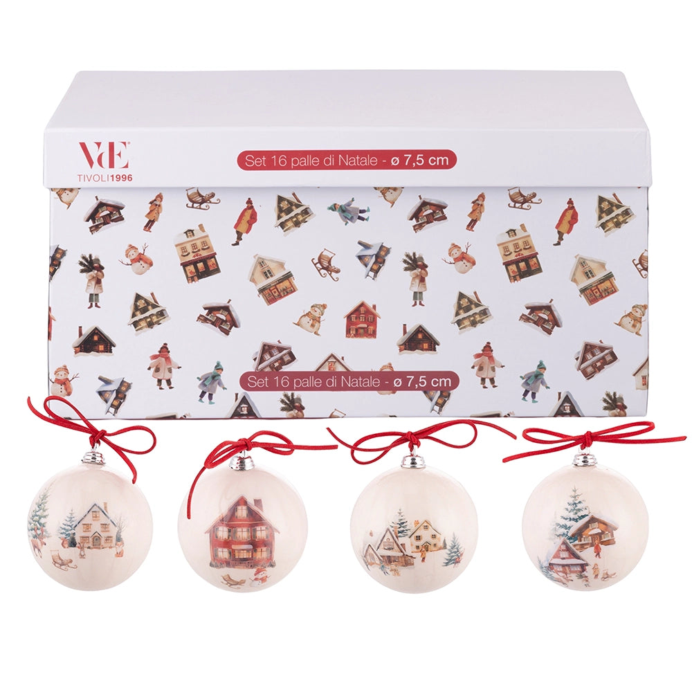 WINTERDORF-SET 16 KUGELN 7,5CM 4 SORTEN