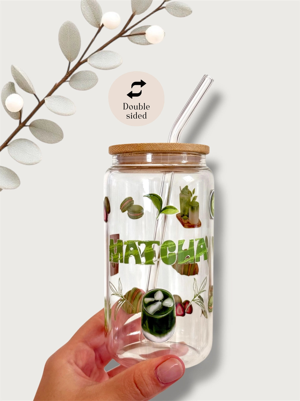 Matcha-Glasbecher beidseitig bedruckt mit Deckel und Strohhalm