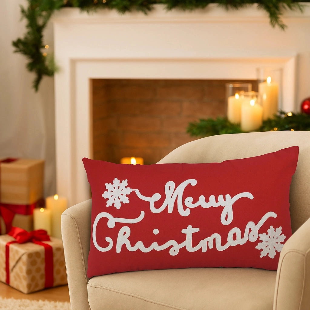Rotes Weihnachtskissen mit Text & Schneeflocken – Urbane Hide