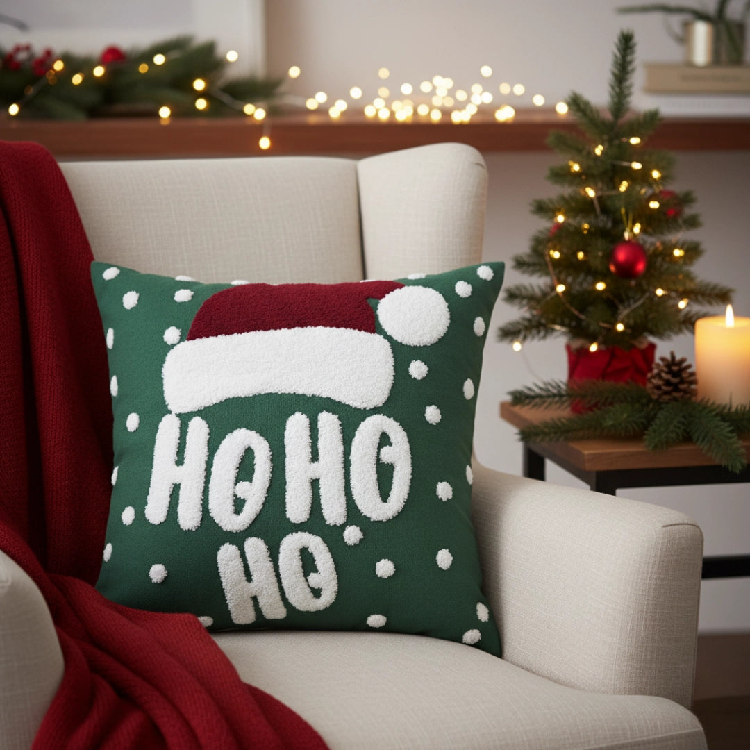 Weihnachtskissen mit lustigem 'Ho Ho Ho' Text und Weihnachtsmütze – Urbane Hide