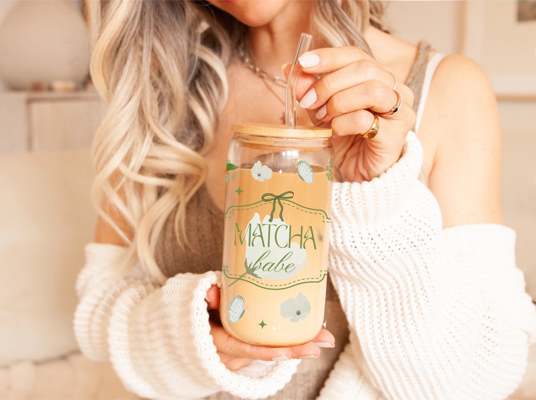 Lux Matcha Babe Glasbecher beidseitig & Deckel und Strohhalm