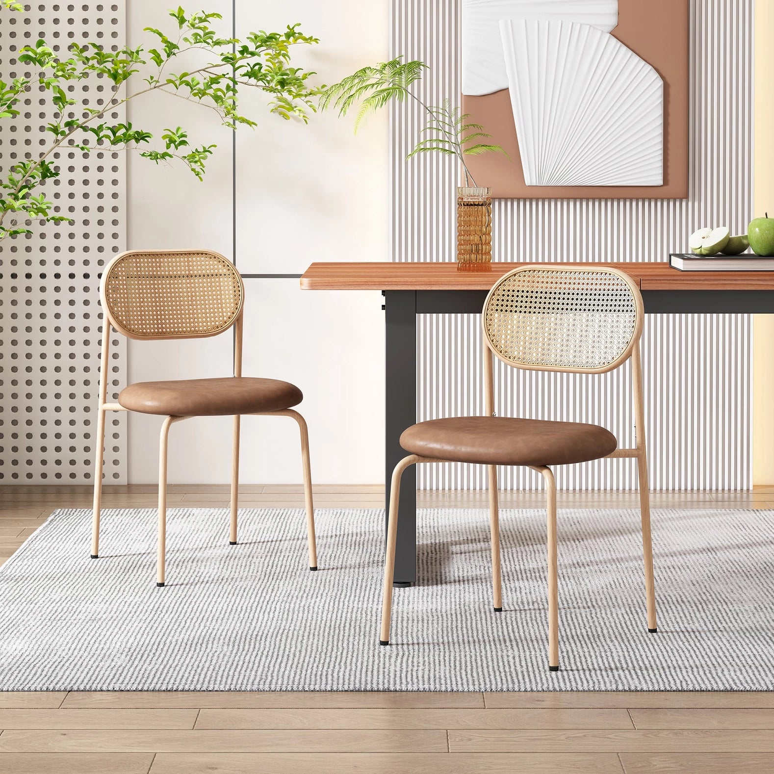 Esszimmerstühle aus Rattan (2er-Set), modernes Design, Metallbeine, braun, ergonomischer Komfort, für Wohnzimmer, Schlafzimmer oder Restaurant