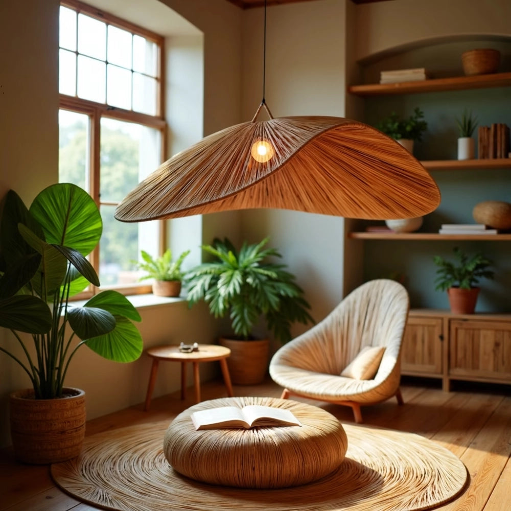 Natürliche Raffia-Pendelleuchte – Große handgewebte marokkanische Deckenleuchte