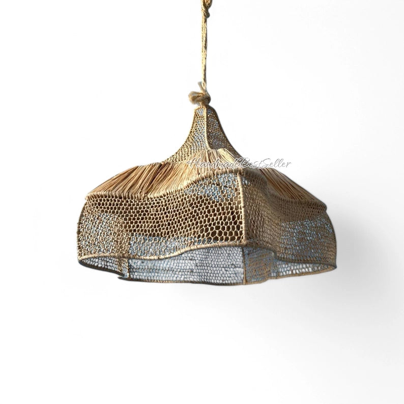 Handgefertigte marokkanische Raffia-Hängeleuchte mit Korb-Lampenschirm