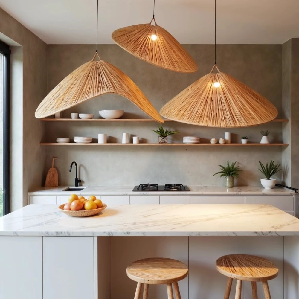 Natürliche Raffia-Pendelleuchte – Große handgewebte marokkanische Deckenleuchte
