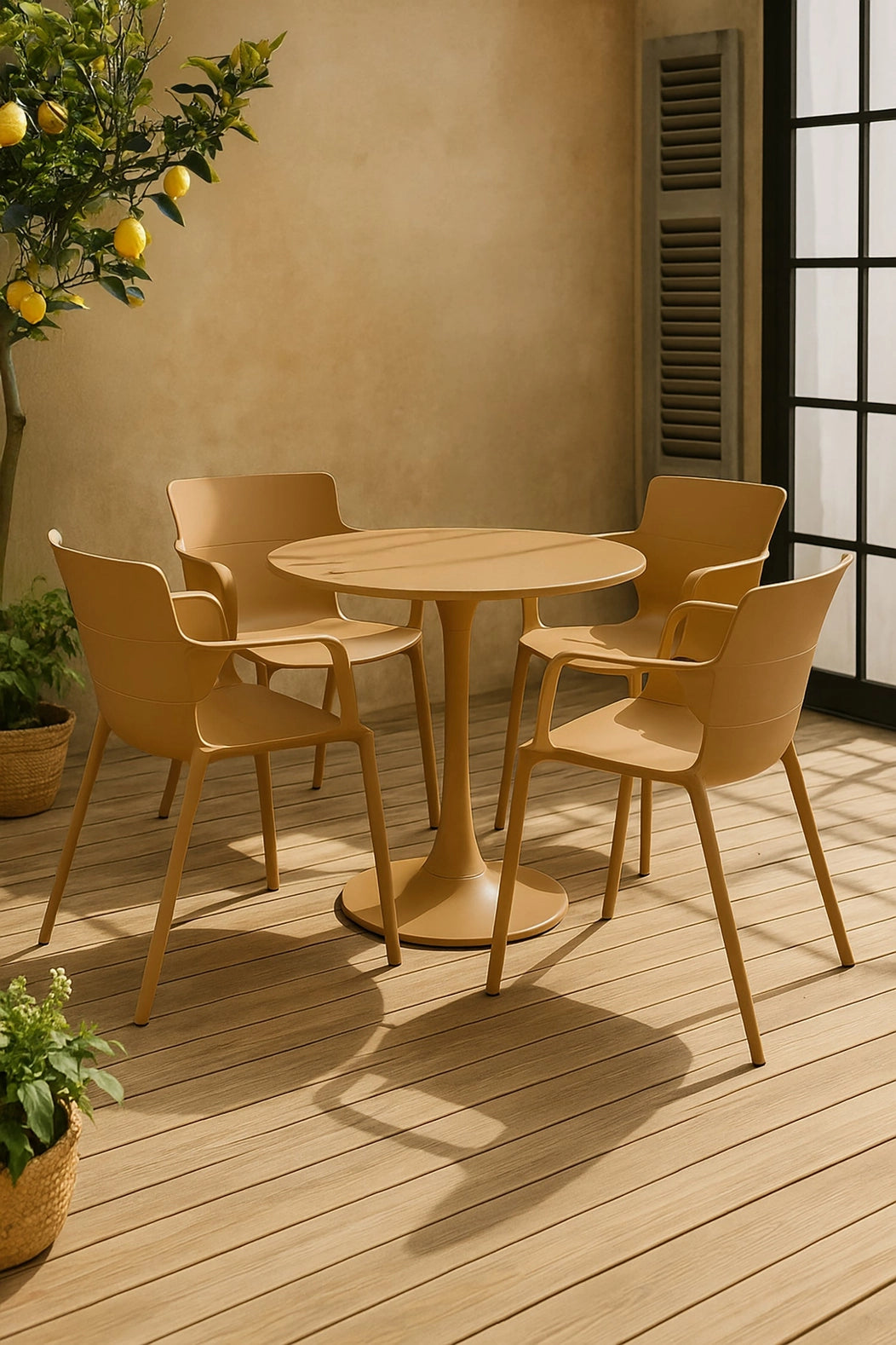 Montauk - Set aus Tisch und 4 Outdoor-Esstühlen aus Polypropylen und Metall, ocker