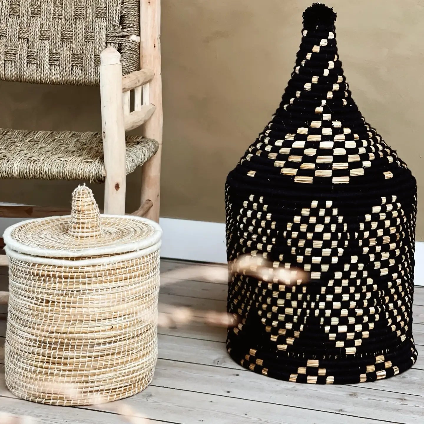 Berber Schwarzer Wollkorb XL – Handgefertigter marokkanischer Aufbewahrungskorb