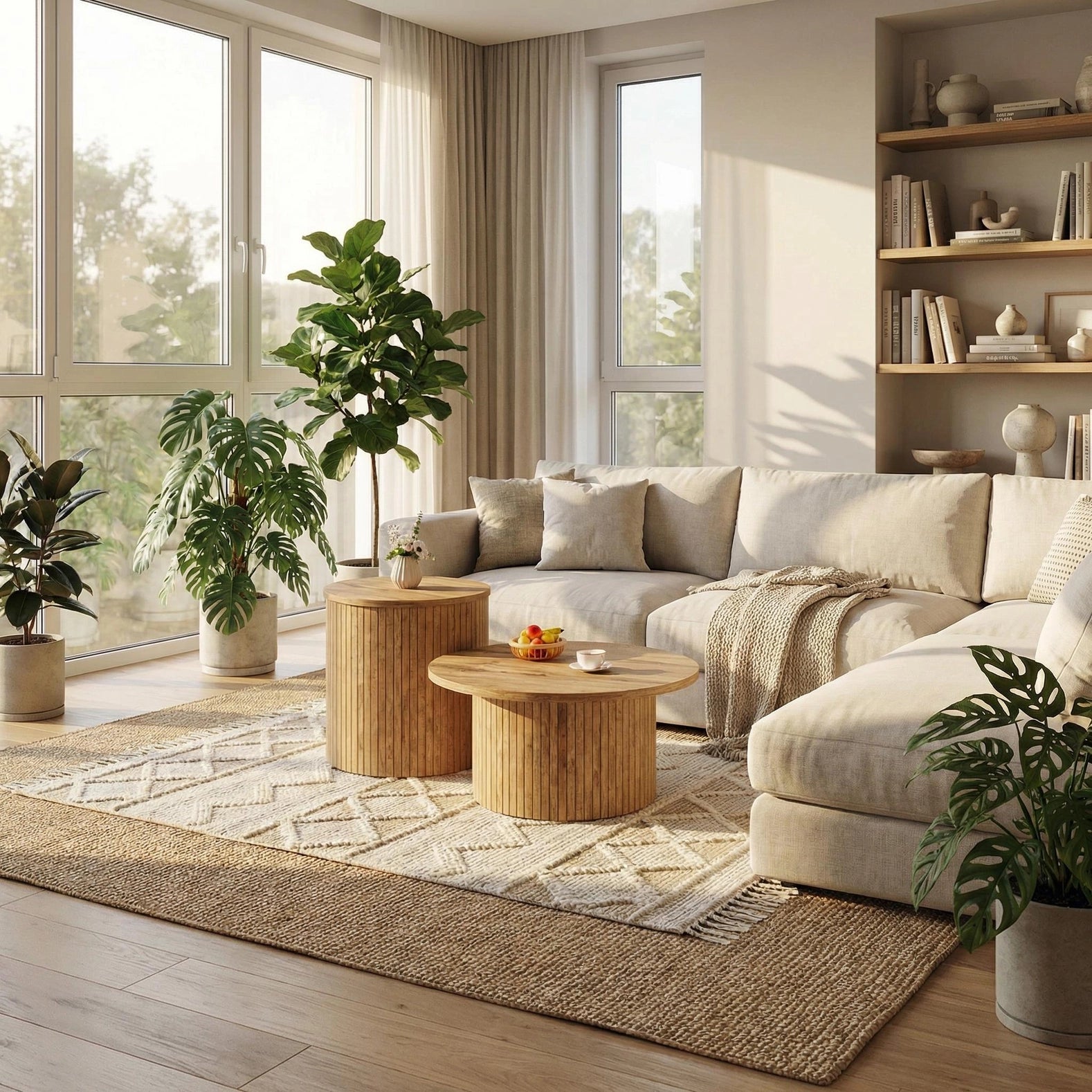 Set aus 2 runden Couchtischen in natürlicher Holzoptik mit Lattenfuß FLUXOS