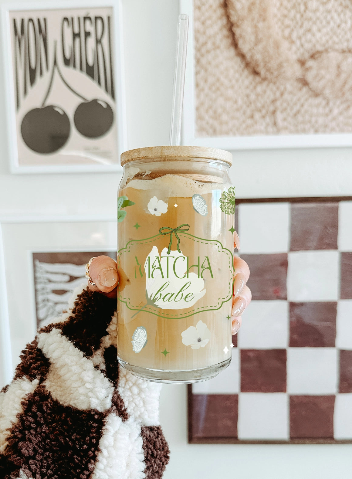 Lux Matcha Babe Glasbecher beidseitig & Deckel und Strohhalm