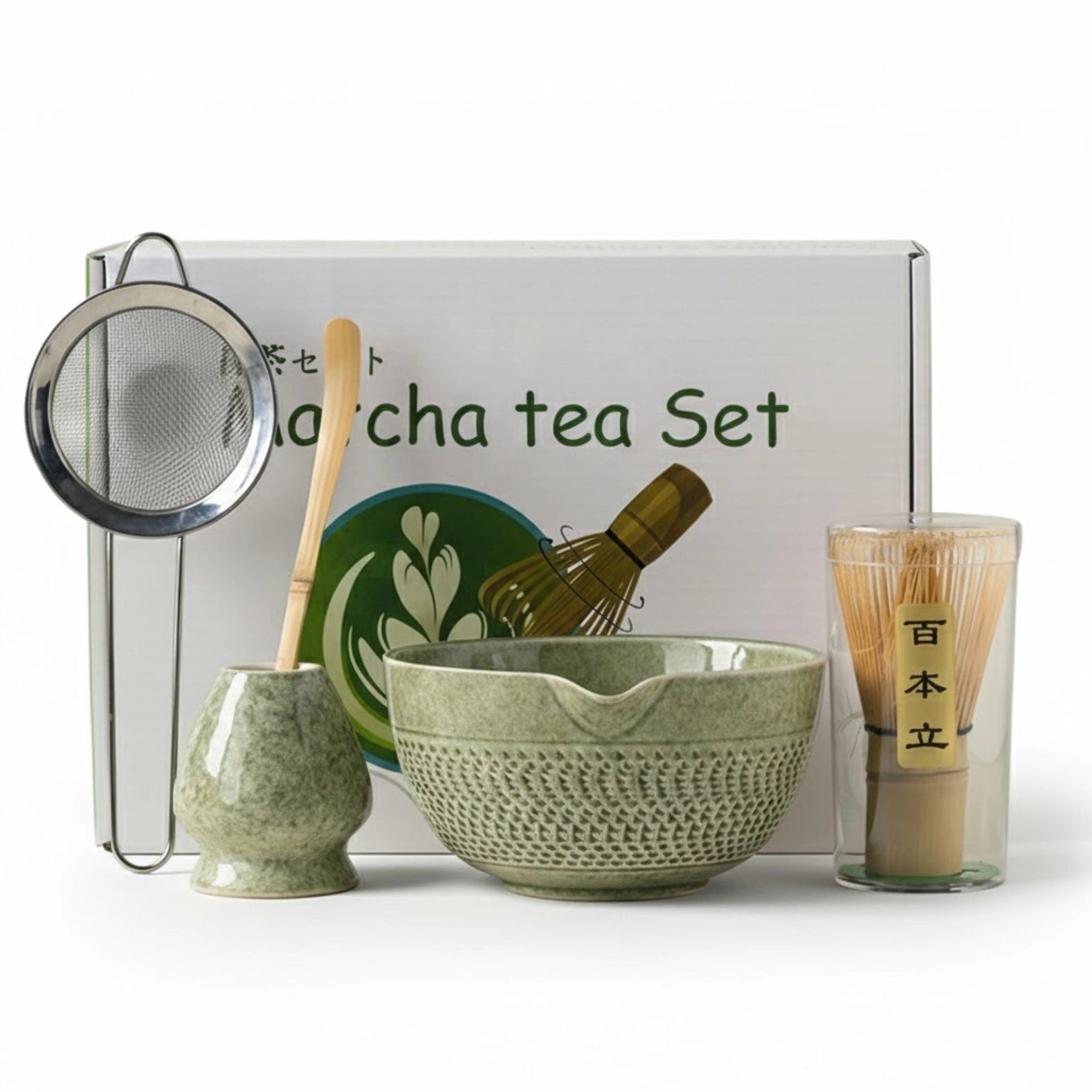 apanisches Keramik Matcha-Set | 6-teiliges Matcha Starter Kit | Schale + Bambusbesen (Chasen) + Halter + Bambuslöffel (Chashaku) + Sieb