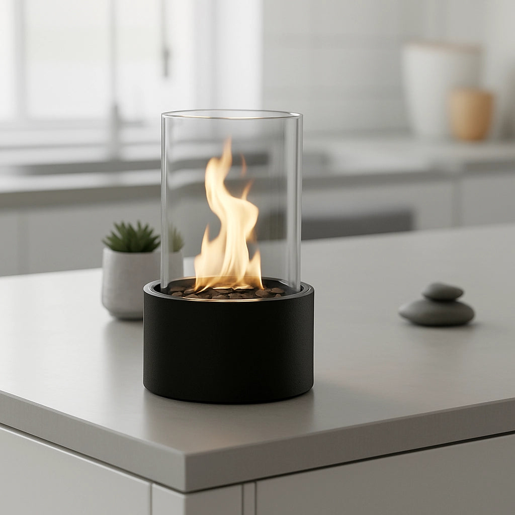 Tischkamin - Rund - Metall/Glas - Schwarz - 18x18x26,5 cm