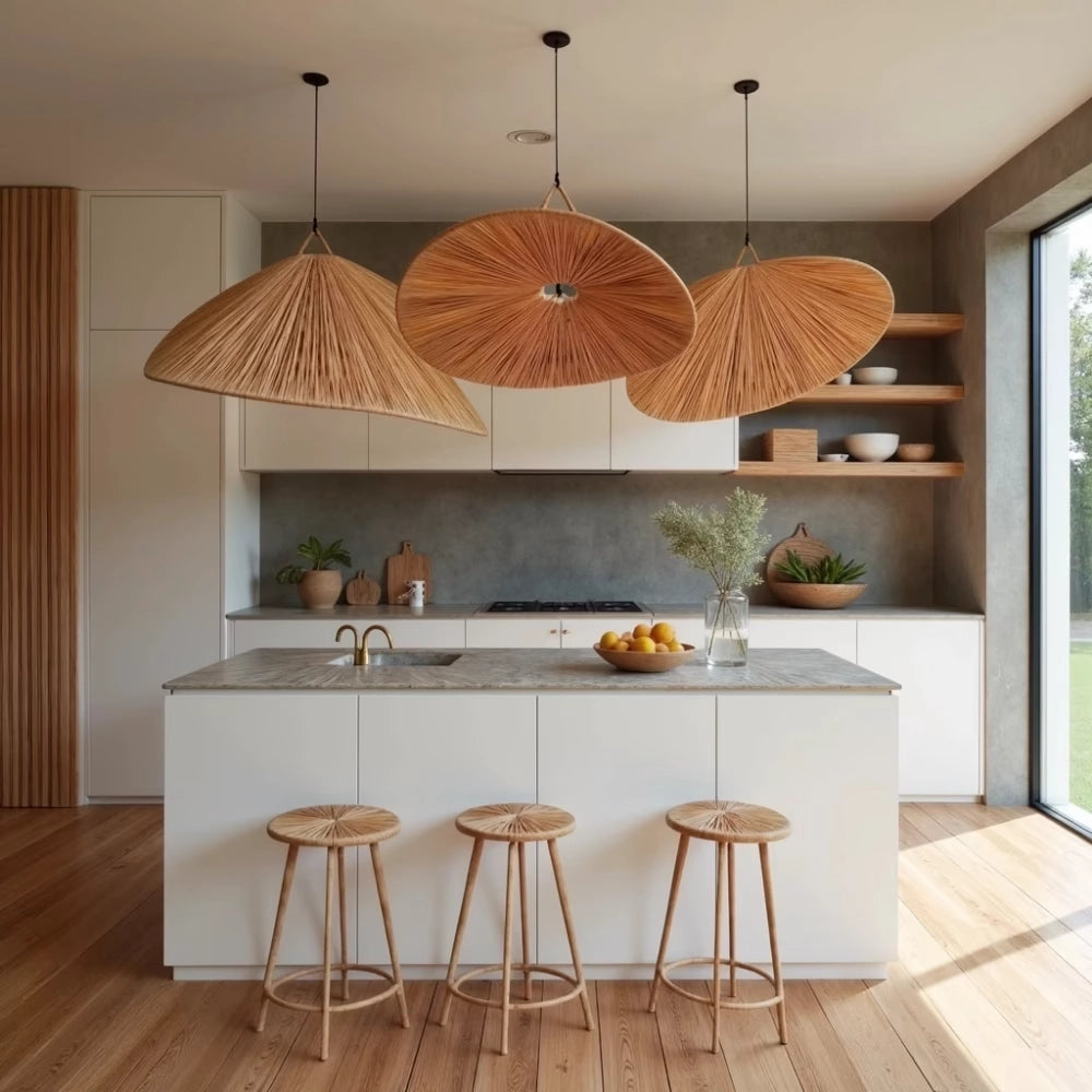 Natürliche Raffia-Pendelleuchte – Große handgewebte marokkanische Deckenleuchte