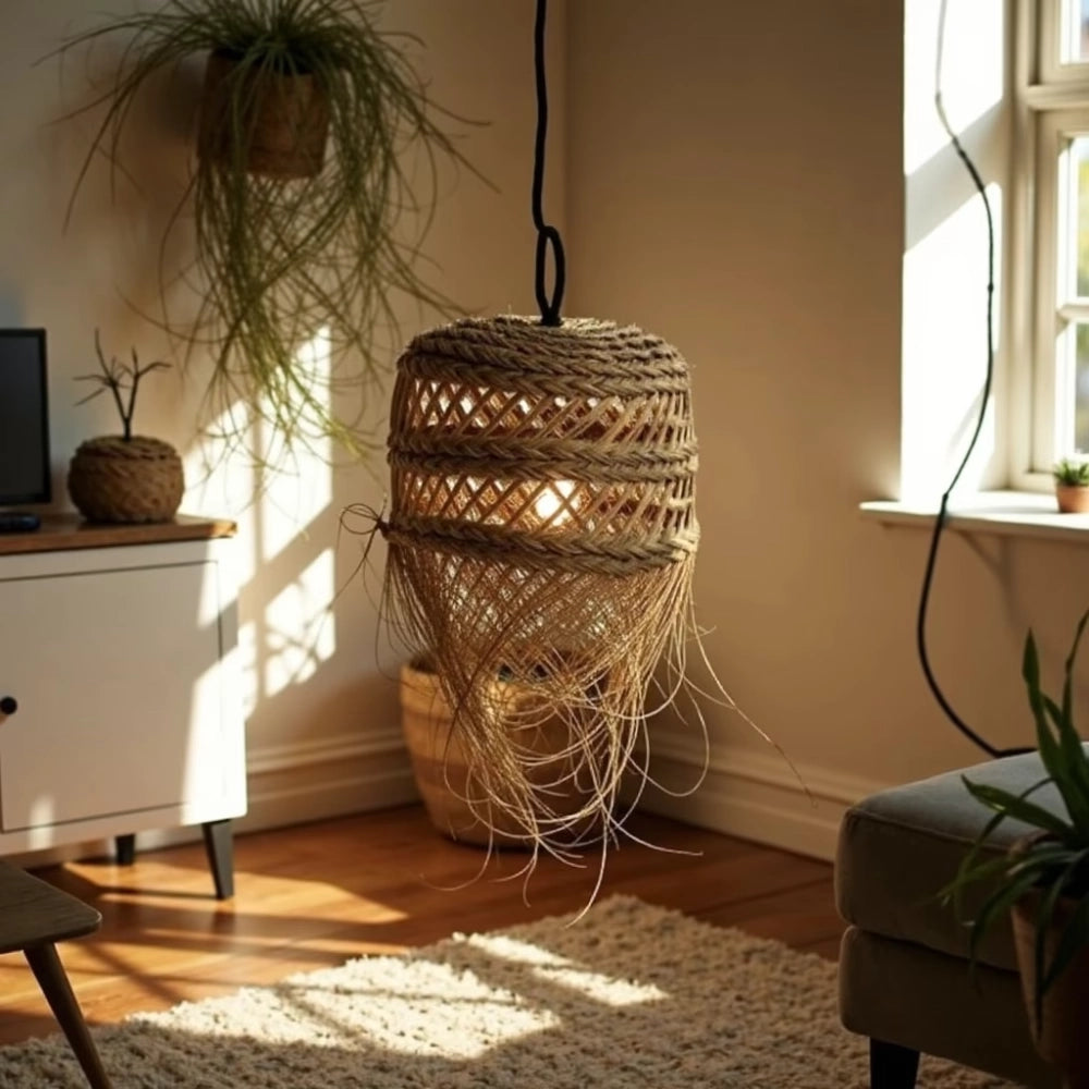 Handgefertigte marokkanische Strohhängelampe – Handgefertigtes Pendel L