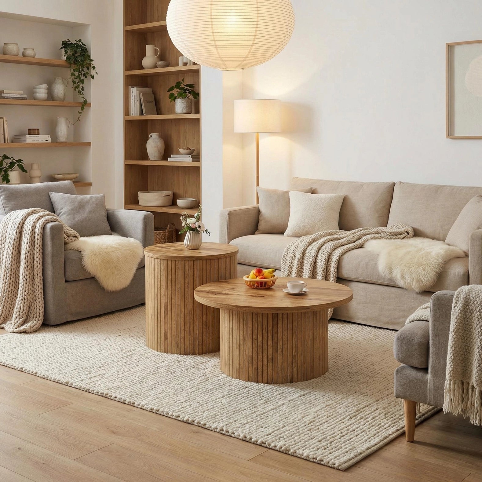 Set aus 2 runden Couchtischen in natürlicher Holzoptik mit Lattenfuß FLUXOS