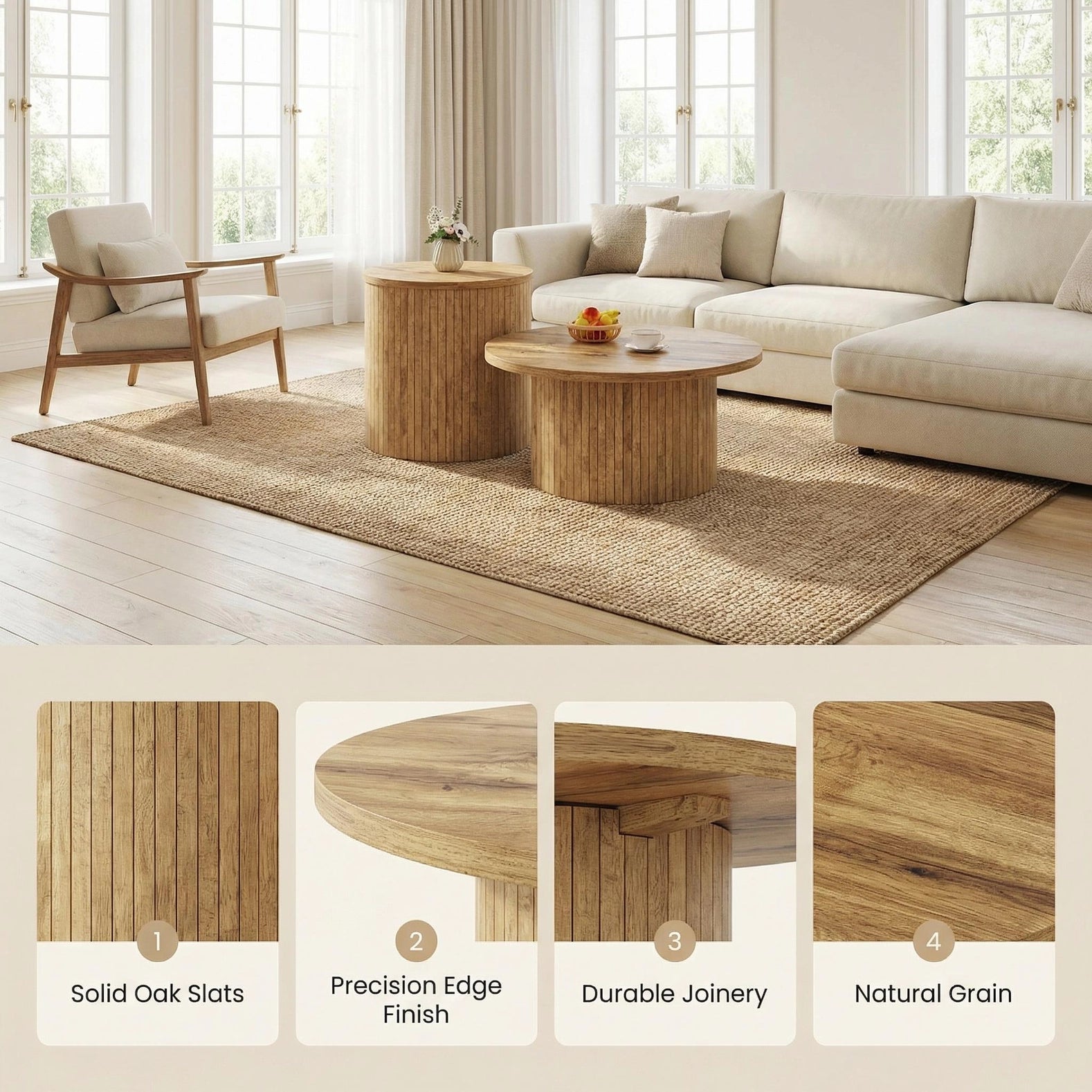 Set aus 2 runden Couchtischen in natürlicher Holzoptik mit Lattenfuß FLUXOS