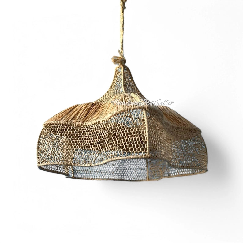 Handgefertigte marokkanische Raffia-Hängeleuchte mit Korb-Lampenschirm