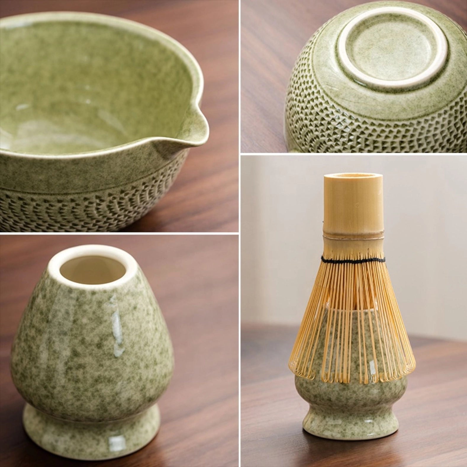apanisches Keramik Matcha-Set | 6-teiliges Matcha Starter Kit | Schale + Bambusbesen (Chasen) + Halter + Bambuslöffel (Chashaku) + Sieb