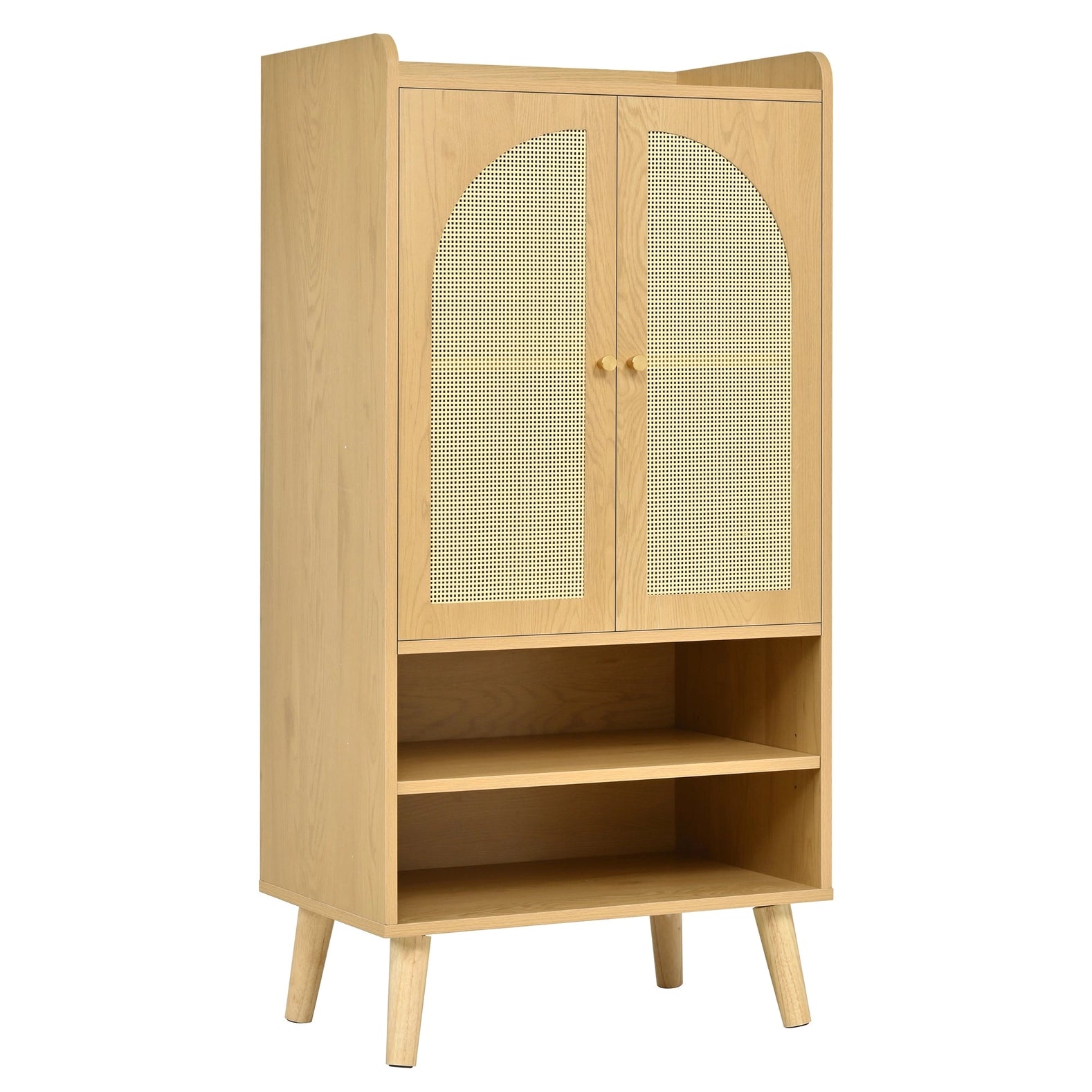 Rattan-Sideboard mit 2 Türen und 2 offenen Fächern, 60x40x121 cm, naturbelassenes Holz, vielseitiger Stauraum für Wohnzimmer, Küche oder Flur, luftiger skandinavischer Stil