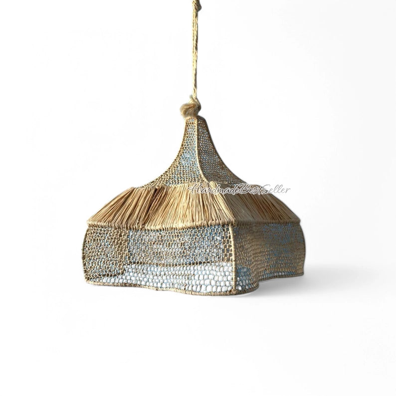Handgefertigte marokkanische Raffia-Hängeleuchte mit Korb-Lampenschirm